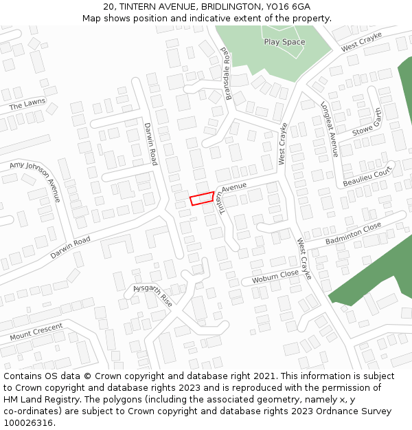 20, TINTERN AVENUE, BRIDLINGTON, YO16 6GA: Location map and indicative extent of plot