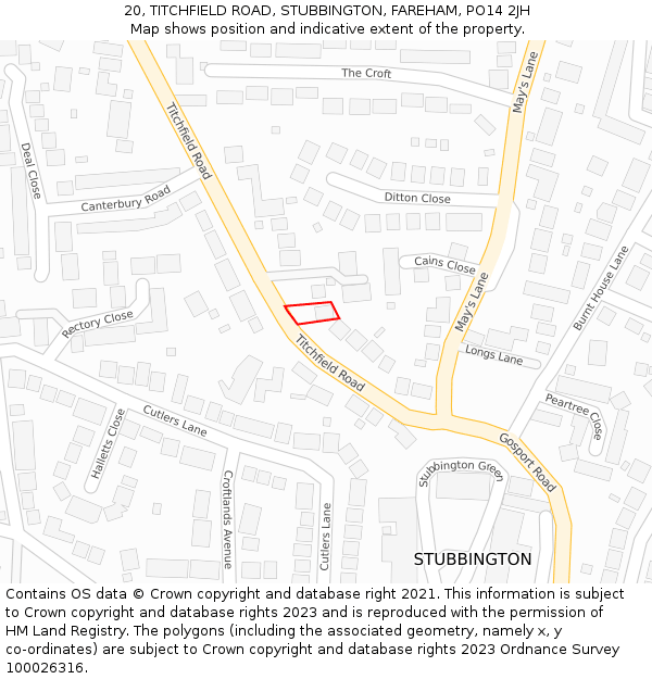 20, TITCHFIELD ROAD, STUBBINGTON, FAREHAM, PO14 2JH: Location map and indicative extent of plot