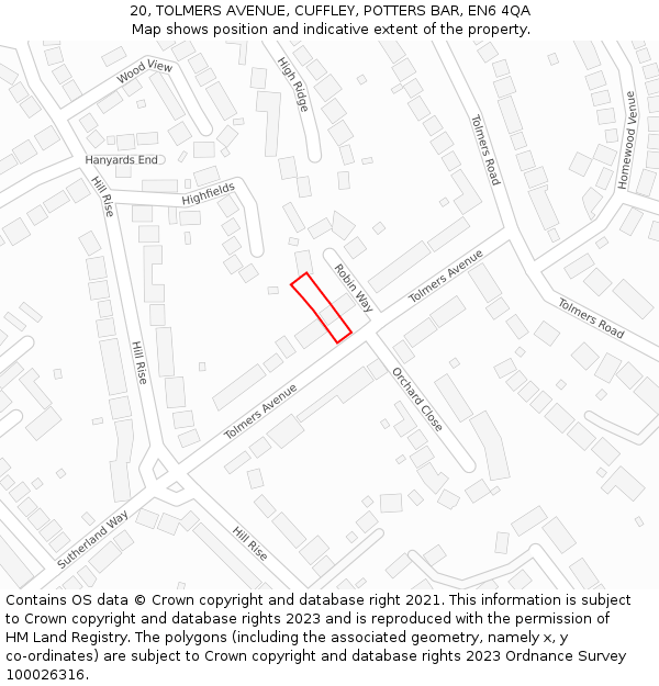 20, TOLMERS AVENUE, CUFFLEY, POTTERS BAR, EN6 4QA: Location map and indicative extent of plot