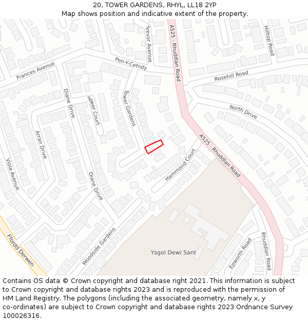 20, TOWER GARDENS, RHYL, LL18 2YP: Location map and indicative extent of plot