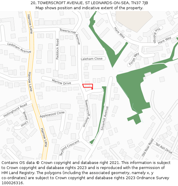 20, TOWERSCROFT AVENUE, ST LEONARDS-ON-SEA, TN37 7JB: Location map and indicative extent of plot