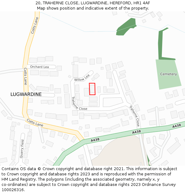 20, TRAHERNE CLOSE, LUGWARDINE, HEREFORD, HR1 4AF: Location map and indicative extent of plot