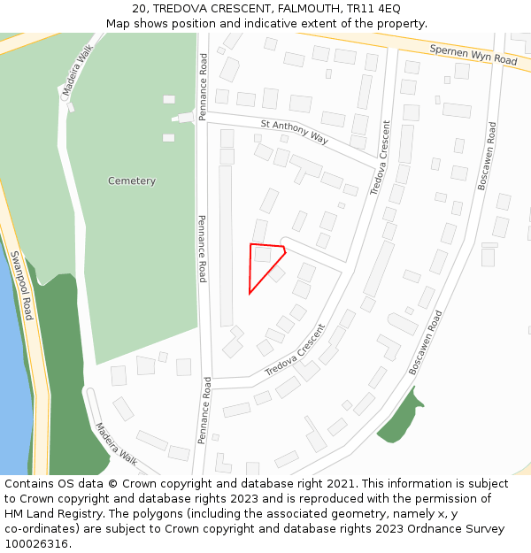 20, TREDOVA CRESCENT, FALMOUTH, TR11 4EQ: Location map and indicative extent of plot