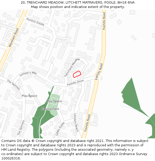 20, TRENCHARD MEADOW, LYTCHETT MATRAVERS, POOLE, BH16 6NA: Location map and indicative extent of plot