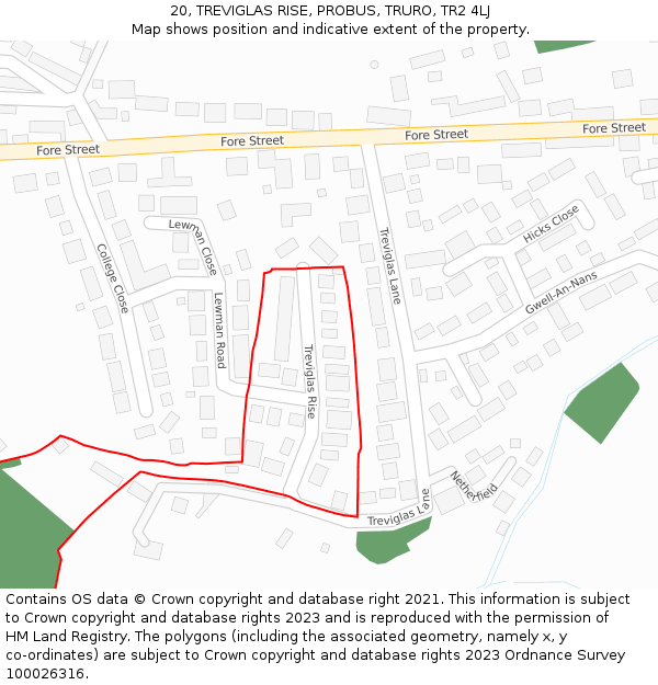 20, TREVIGLAS RISE, PROBUS, TRURO, TR2 4LJ: Location map and indicative extent of plot