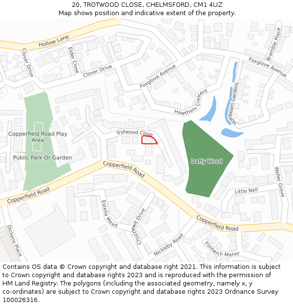 20, TROTWOOD CLOSE, CHELMSFORD, CM1 4UZ: Location map and indicative extent of plot