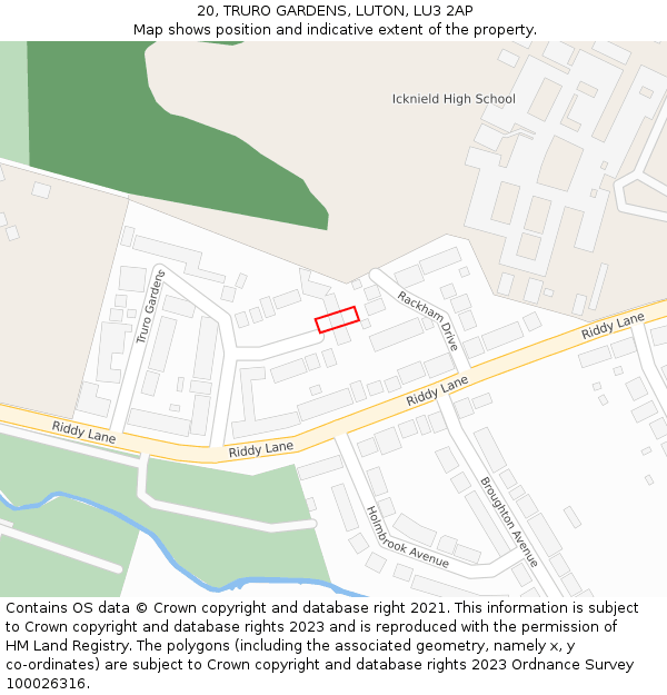 20, TRURO GARDENS, LUTON, LU3 2AP: Location map and indicative extent of plot