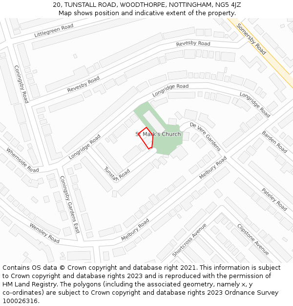 20, TUNSTALL ROAD, WOODTHORPE, NOTTINGHAM, NG5 4JZ: Location map and indicative extent of plot