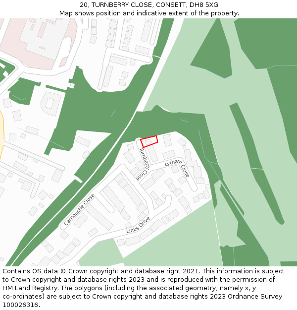 20, TURNBERRY CLOSE, CONSETT, DH8 5XG: Location map and indicative extent of plot
