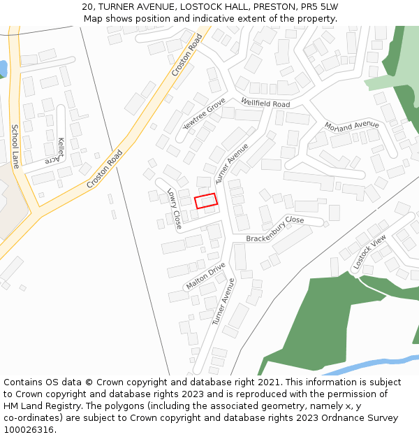 20, TURNER AVENUE, LOSTOCK HALL, PRESTON, PR5 5LW: Location map and indicative extent of plot