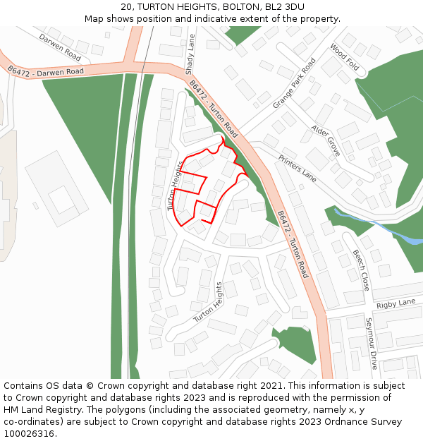 20, TURTON HEIGHTS, BOLTON, BL2 3DU: Location map and indicative extent of plot