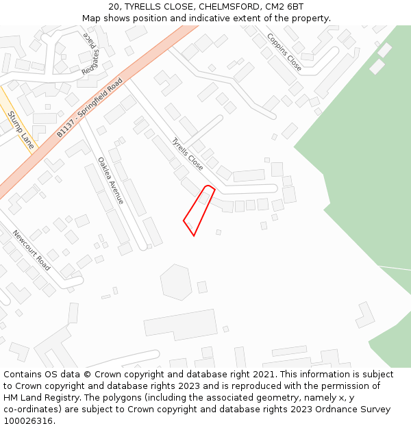 20, TYRELLS CLOSE, CHELMSFORD, CM2 6BT: Location map and indicative extent of plot