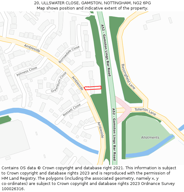 20, ULLSWATER CLOSE, GAMSTON, NOTTINGHAM, NG2 6PG: Location map and indicative extent of plot