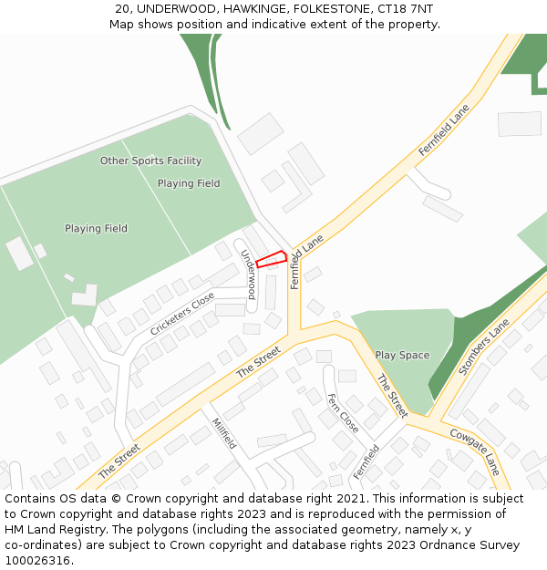 20, UNDERWOOD, HAWKINGE, FOLKESTONE, CT18 7NT: Location map and indicative extent of plot