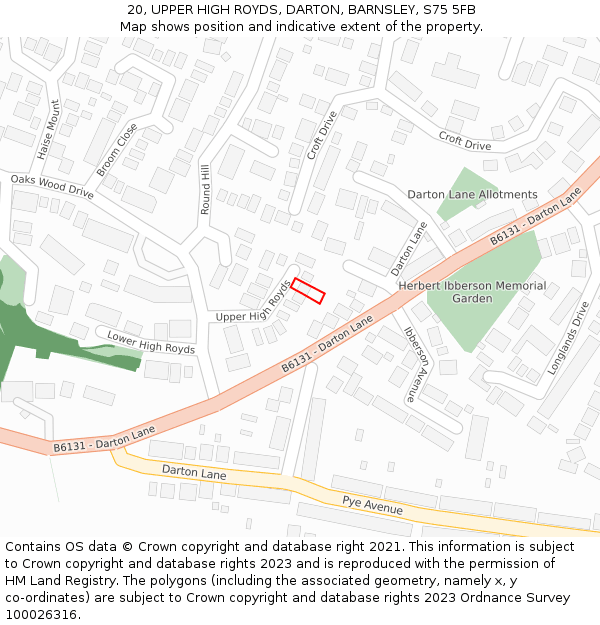 20, UPPER HIGH ROYDS, DARTON, BARNSLEY, S75 5FB: Location map and indicative extent of plot