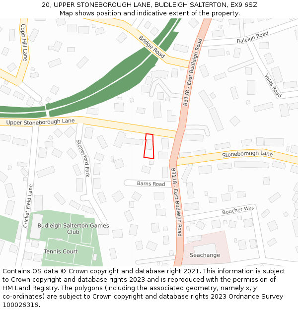 20, UPPER STONEBOROUGH LANE, BUDLEIGH SALTERTON, EX9 6SZ: Location map and indicative extent of plot