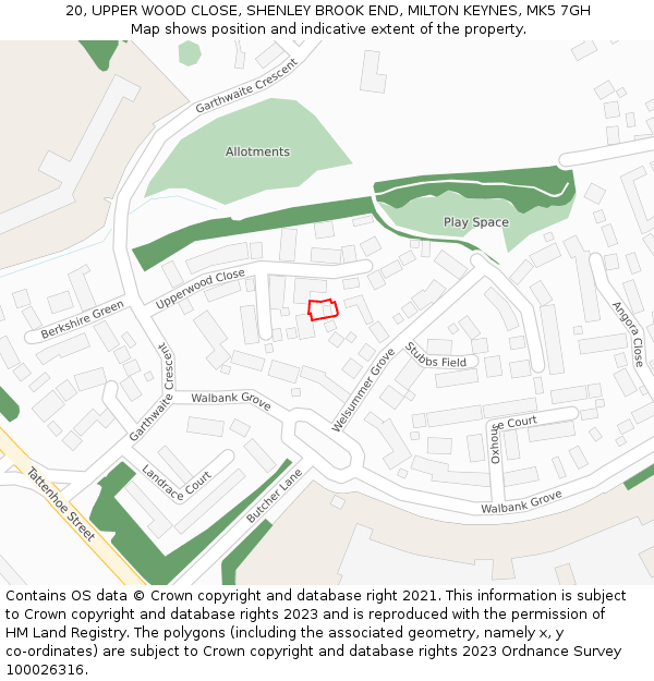 20, UPPER WOOD CLOSE, SHENLEY BROOK END, MILTON KEYNES, MK5 7GH: Location map and indicative extent of plot