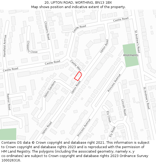 20, UPTON ROAD, WORTHING, BN13 1BX: Location map and indicative extent of plot