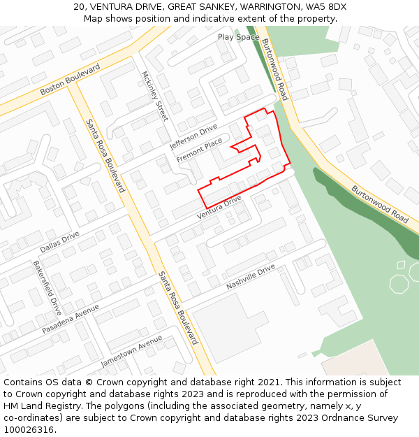 20, VENTURA DRIVE, GREAT SANKEY, WARRINGTON, WA5 8DX: Location map and indicative extent of plot