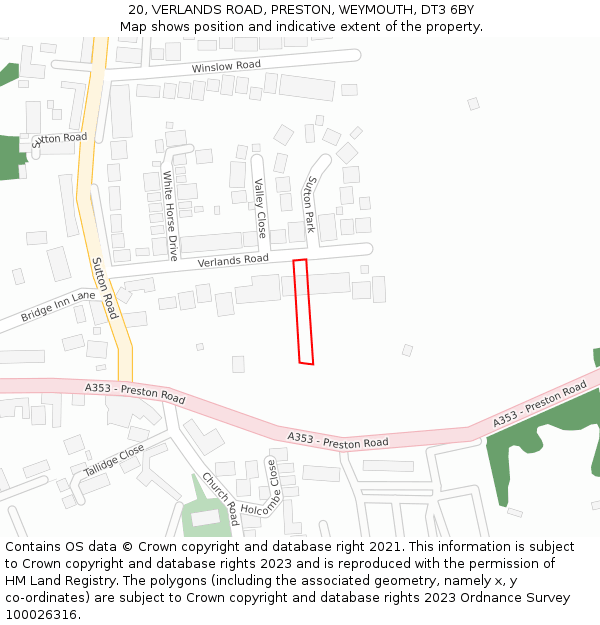 20, VERLANDS ROAD, PRESTON, WEYMOUTH, DT3 6BY: Location map and indicative extent of plot