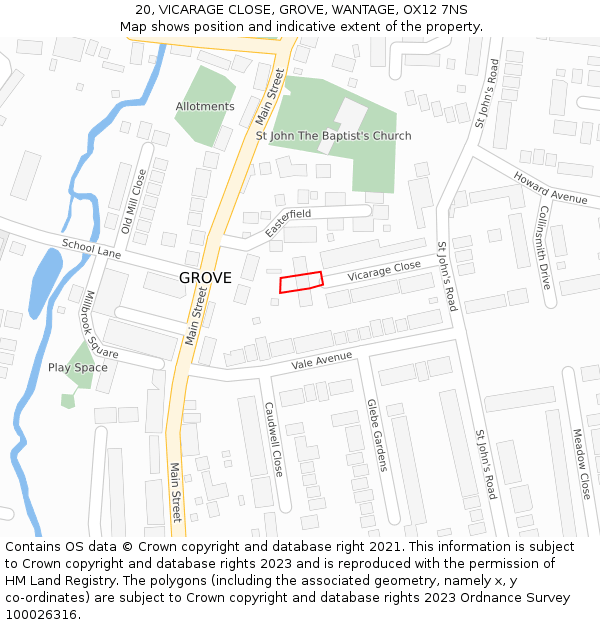20, VICARAGE CLOSE, GROVE, WANTAGE, OX12 7NS: Location map and indicative extent of plot