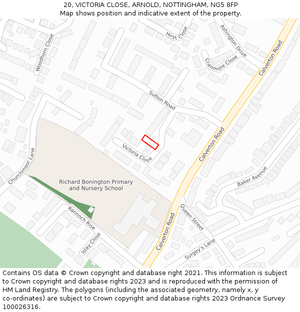 20, VICTORIA CLOSE, ARNOLD, NOTTINGHAM, NG5 8FP: Location map and indicative extent of plot