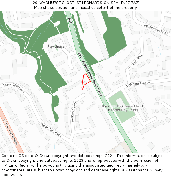 20, WADHURST CLOSE, ST LEONARDS-ON-SEA, TN37 7AZ: Location map and indicative extent of plot