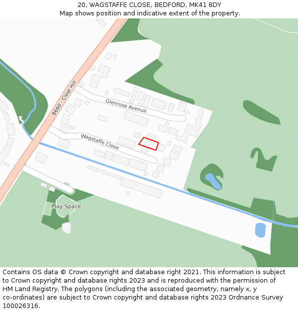 20, WAGSTAFFE CLOSE, BEDFORD, MK41 8DY: Location map and indicative extent of plot