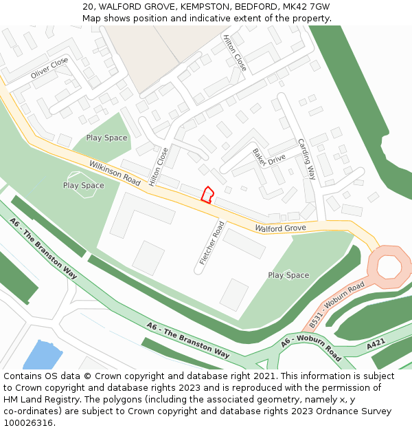 20, WALFORD GROVE, KEMPSTON, BEDFORD, MK42 7GW: Location map and indicative extent of plot