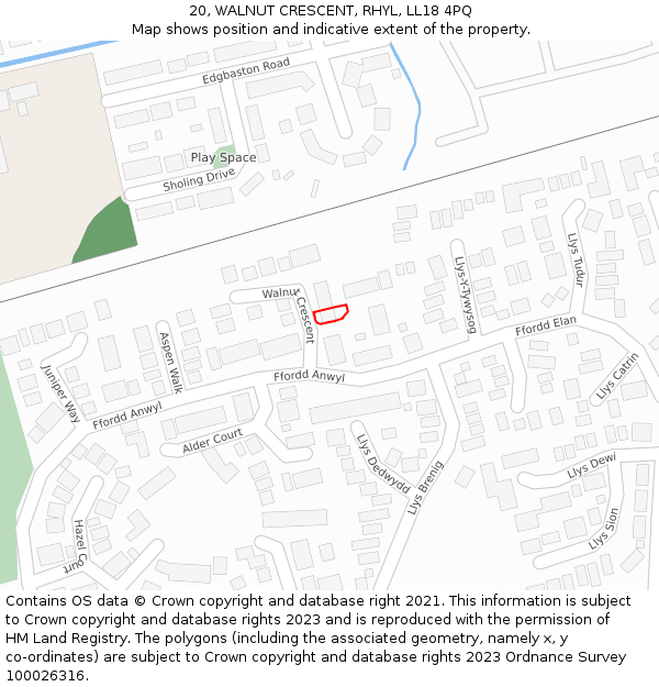 20, WALNUT CRESCENT, RHYL, LL18 4PQ: Location map and indicative extent of plot