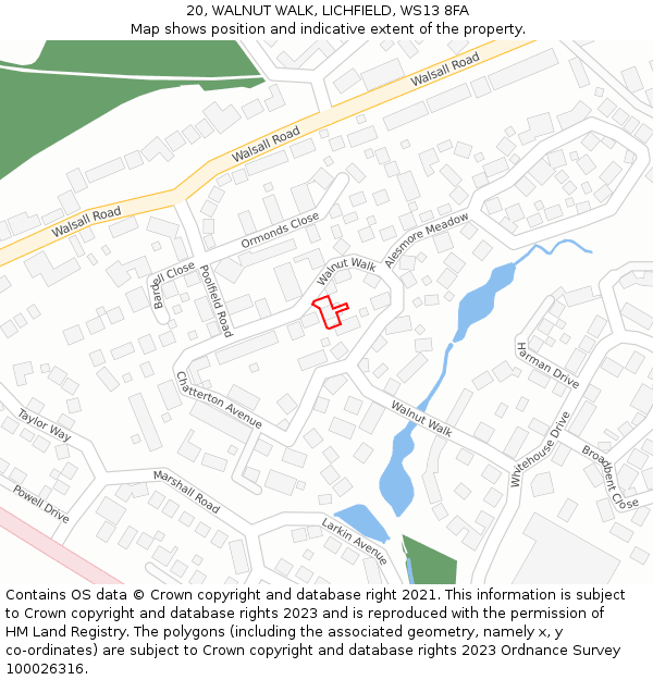 20, WALNUT WALK, LICHFIELD, WS13 8FA: Location map and indicative extent of plot
