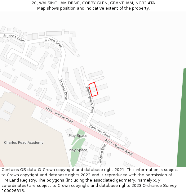 20, WALSINGHAM DRIVE, CORBY GLEN, GRANTHAM, NG33 4TA: Location map and indicative extent of plot