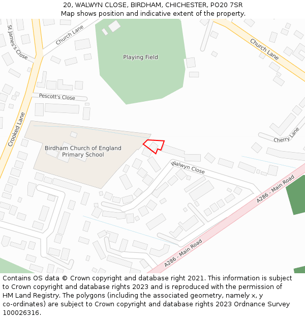 20, WALWYN CLOSE, BIRDHAM, CHICHESTER, PO20 7SR: Location map and indicative extent of plot