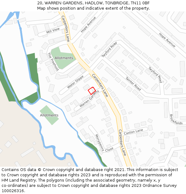 20, WARREN GARDENS, HADLOW, TONBRIDGE, TN11 0BF: Location map and indicative extent of plot