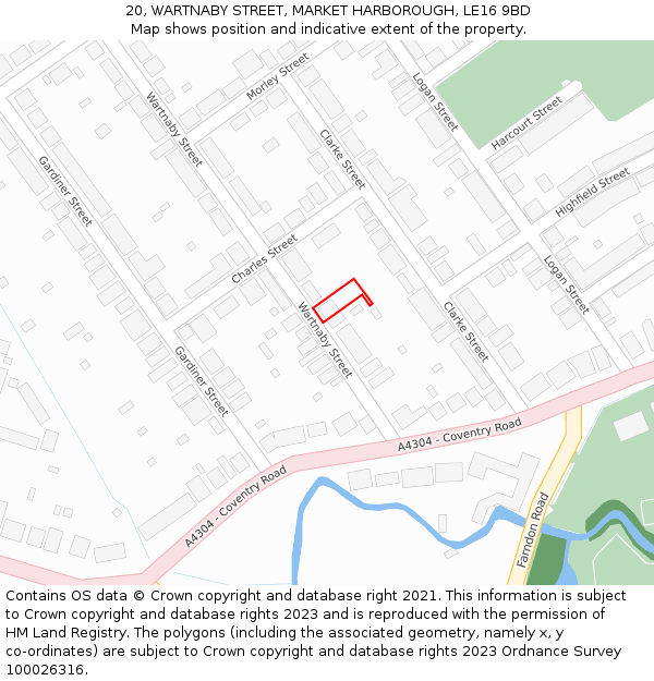 20, WARTNABY STREET, MARKET HARBOROUGH, LE16 9BD: Location map and indicative extent of plot