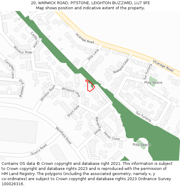 20, WARWICK ROAD, PITSTONE, LEIGHTON BUZZARD, LU7 9FE: Location map and indicative extent of plot