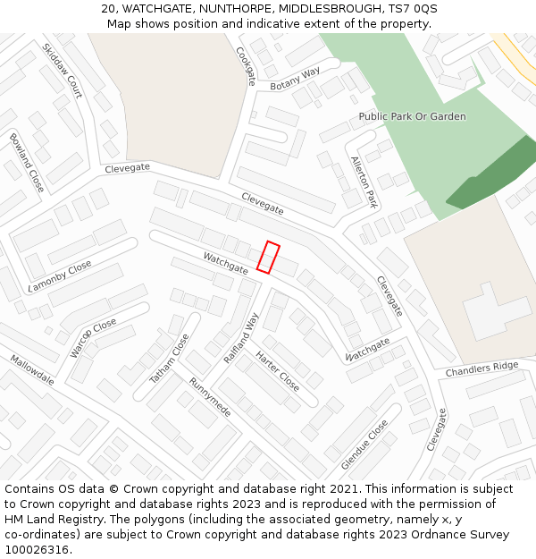 20, WATCHGATE, NUNTHORPE, MIDDLESBROUGH, TS7 0QS: Location map and indicative extent of plot