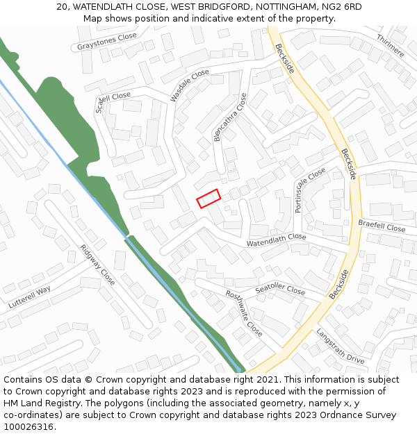 20, WATENDLATH CLOSE, WEST BRIDGFORD, NOTTINGHAM, NG2 6RD: Location map and indicative extent of plot