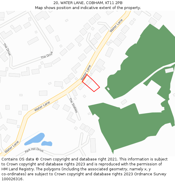 20, WATER LANE, COBHAM, KT11 2PB: Location map and indicative extent of plot