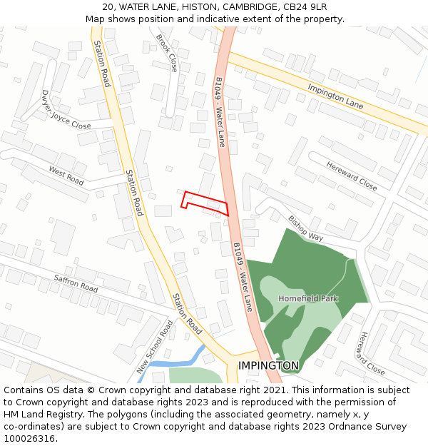 20, WATER LANE, HISTON, CAMBRIDGE, CB24 9LR: Location map and indicative extent of plot