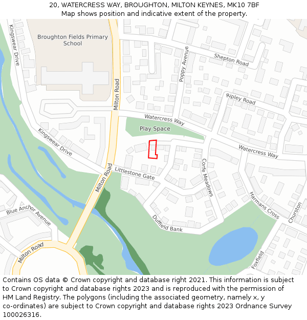 20, WATERCRESS WAY, BROUGHTON, MILTON KEYNES, MK10 7BF: Location map and indicative extent of plot