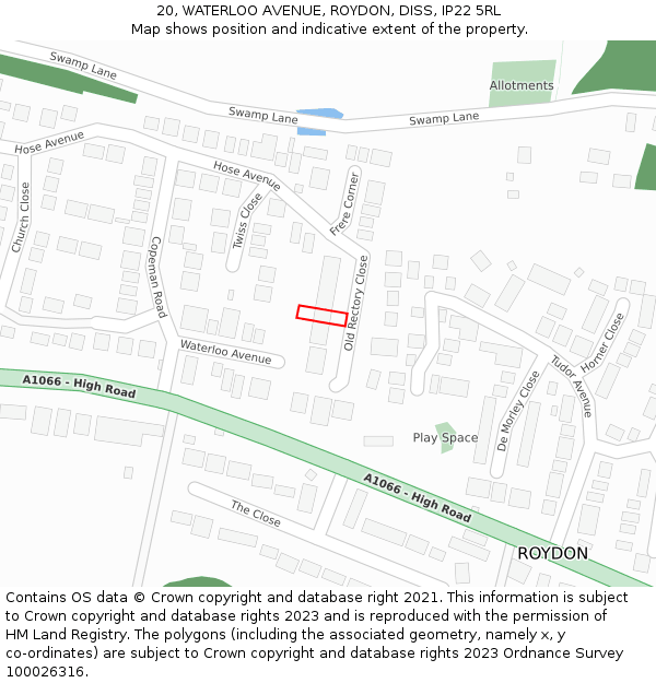 20, WATERLOO AVENUE, ROYDON, DISS, IP22 5RL: Location map and indicative extent of plot