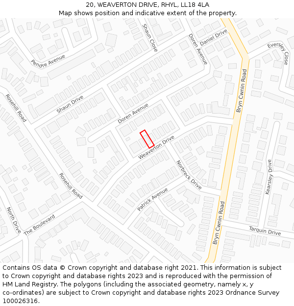 20, WEAVERTON DRIVE, RHYL, LL18 4LA: Location map and indicative extent of plot