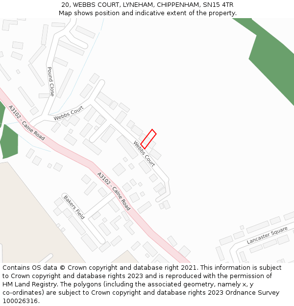 20, WEBBS COURT, LYNEHAM, CHIPPENHAM, SN15 4TR: Location map and indicative extent of plot