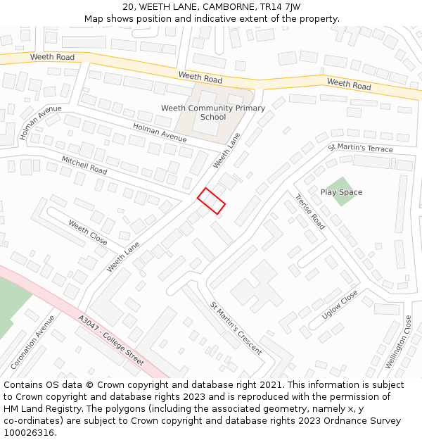 20, WEETH LANE, CAMBORNE, TR14 7JW: Location map and indicative extent of plot