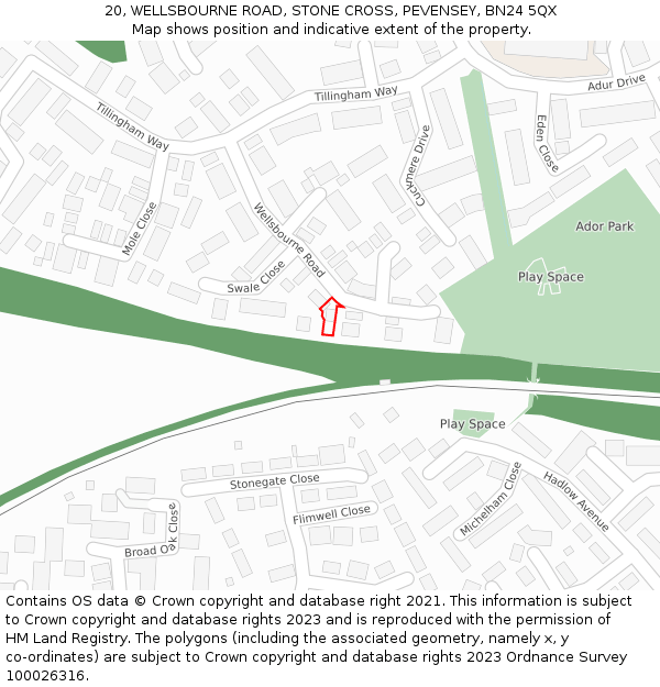 20, WELLSBOURNE ROAD, STONE CROSS, PEVENSEY, BN24 5QX: Location map and indicative extent of plot