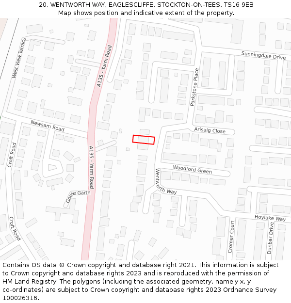 20, WENTWORTH WAY, EAGLESCLIFFE, STOCKTON-ON-TEES, TS16 9EB: Location map and indicative extent of plot