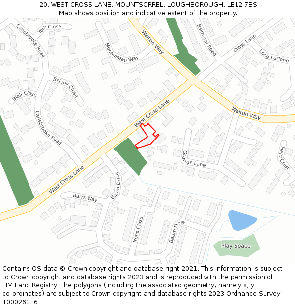 20, WEST CROSS LANE, MOUNTSORREL, LOUGHBOROUGH, LE12 7BS: Location map and indicative extent of plot