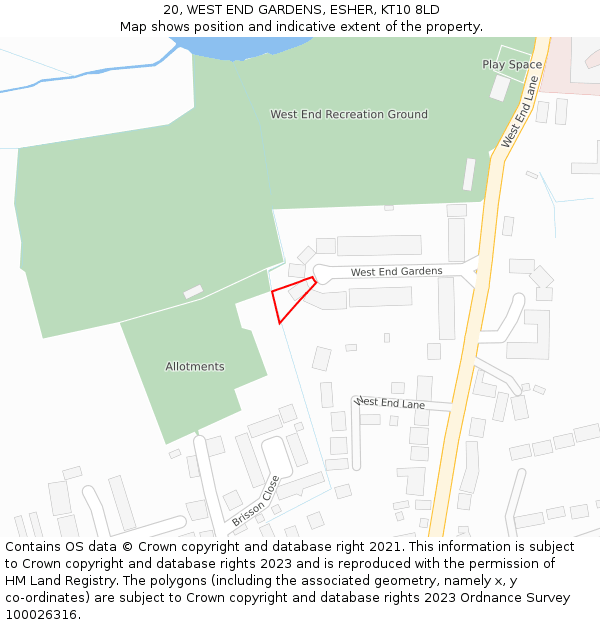 20, WEST END GARDENS, ESHER, KT10 8LD: Location map and indicative extent of plot