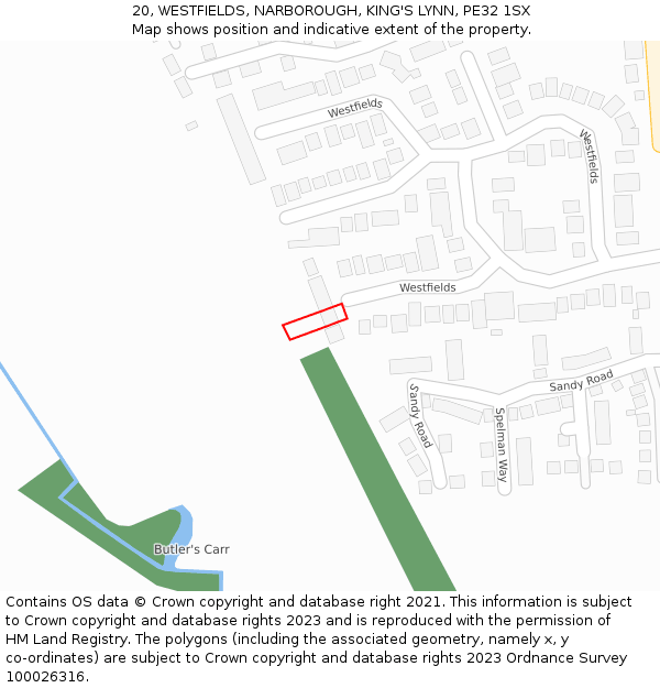 20, WESTFIELDS, NARBOROUGH, KING'S LYNN, PE32 1SX: Location map and indicative extent of plot